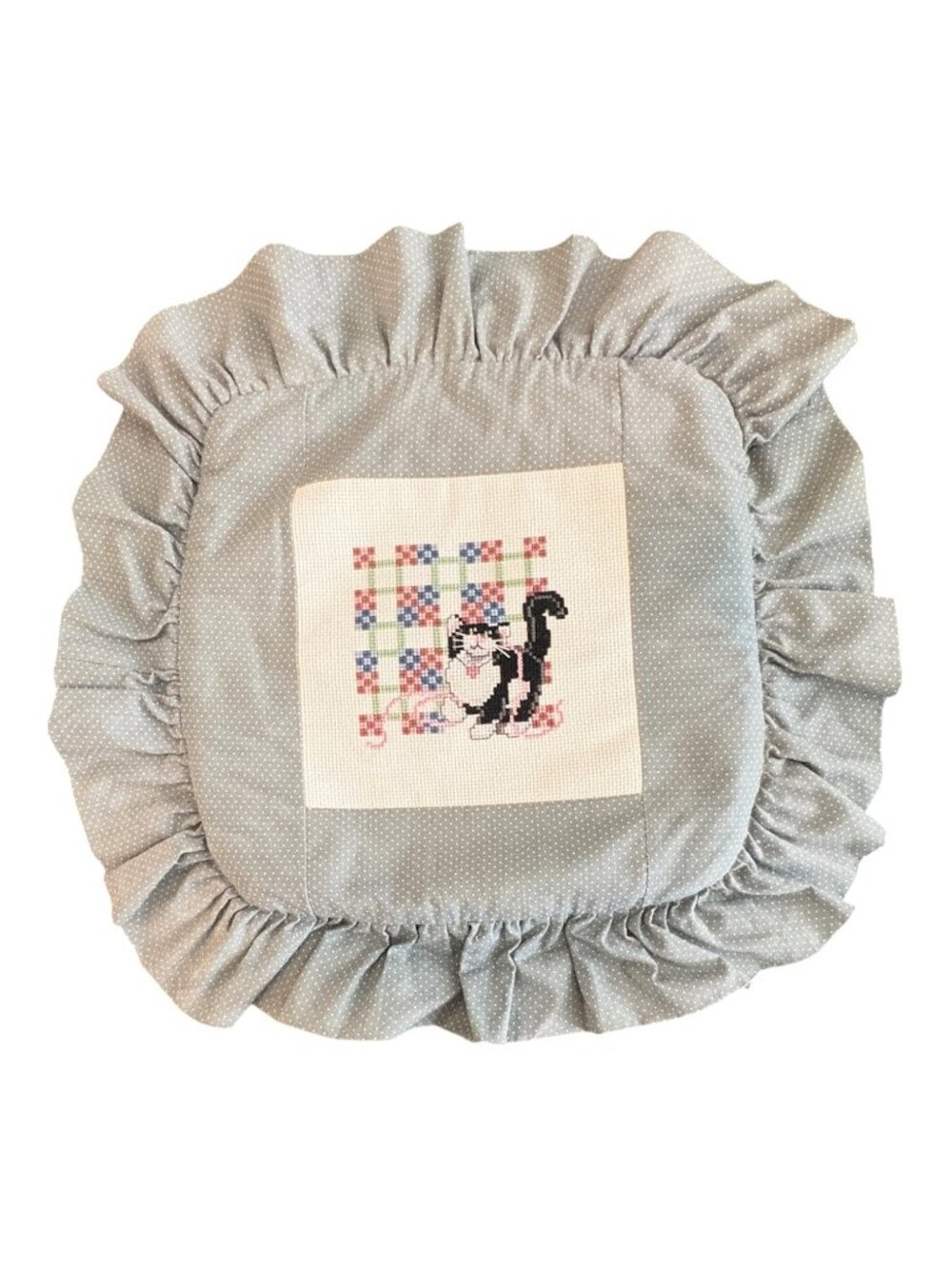 Vtg Tuxedo Cat Cross Stitch Throw Pillow Sham Gray Polka Dot Ruffled Border